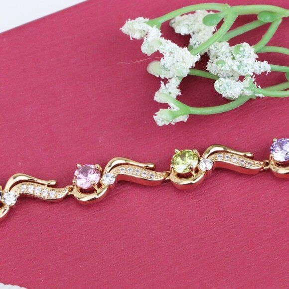 "Rose Gold Bracelet with Wavy Design and Pastel Gemstones, XPBL0817 - Picture 12 of 12